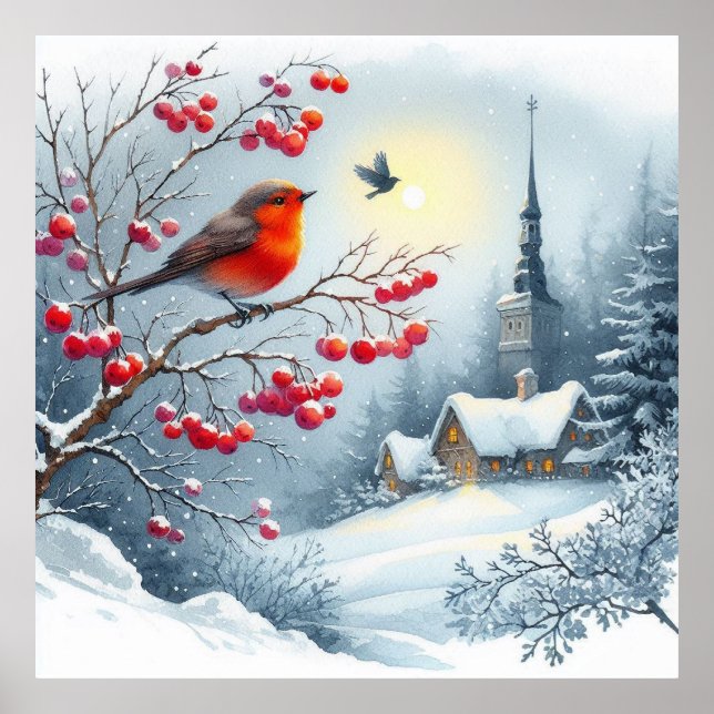 Affiche Oiseau rouge et paysage hivernal 4 (Devant)