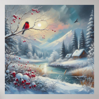 Affiche Oiseau rouge et paysage hivernal 5