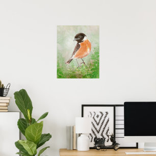 Affiche Oiseau Tarier des pierres Aquarelle  Art de la nat