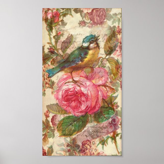 Affiche Oiseau vintage et roses roses roses (Devant)