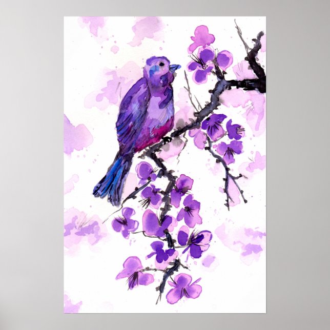 Affiche Oiseau Violet et Fleurs (Devant)