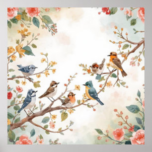 Affiche Oiseaux à l'aquarelle en fleurs