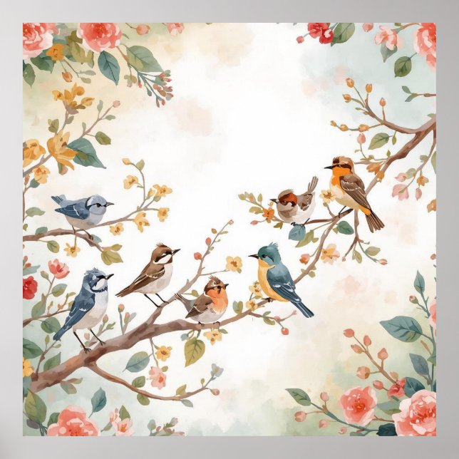 Affiche Oiseaux à l'aquarelle en fleurs (Devant)