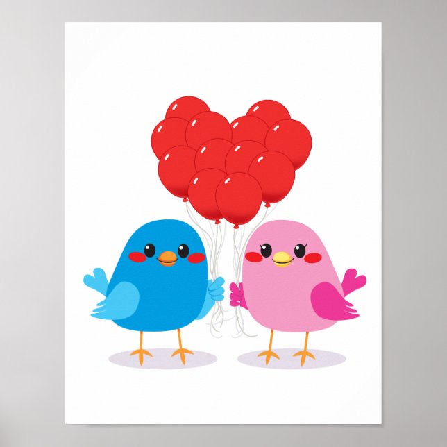 Affiche Oiseaux Aimer Ballons Coeurs (Devant)
