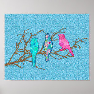 Affiche Oiseaux appliqués sur une branche, Sky Blue Multi