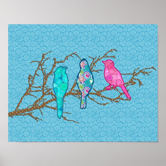 Affiche Oiseaux appliqués sur une branche, Sky Blue Multi (Devant)