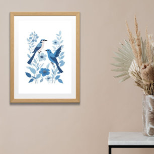 Affiche Oiseaux blancs bleus et fleurs florales Aquarelle