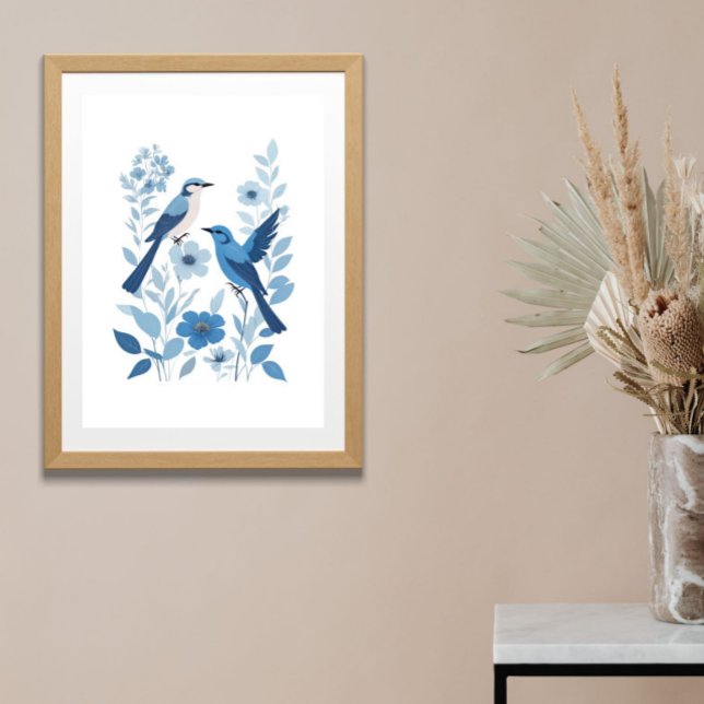 Affiche Oiseaux bleus et blancs et fleurs florales aquarel (Blue Birds and Flowers Watercolor Blue White Floral Botanical Nature Wall Art Poster Print)