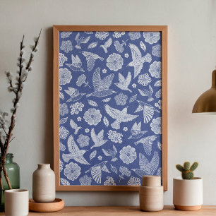 Affiche Oiseaux bleus et blancs et floraux Art à main levé