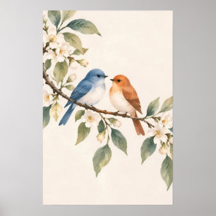 Affiche Oiseaux bleus et orange sur une branche fleurie Bo