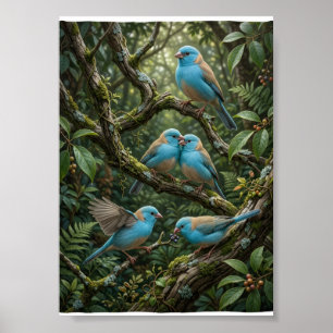 Affiche Oiseaux bleus sur des arbres de forêt luxuriante,