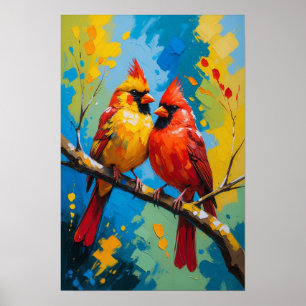 Affiche Oiseaux cardinaux brillants perchés sur une branch