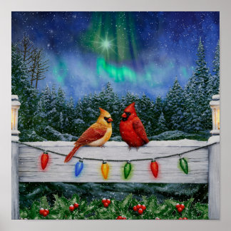 Affiche Oiseaux cardinaux et lumières de Noël