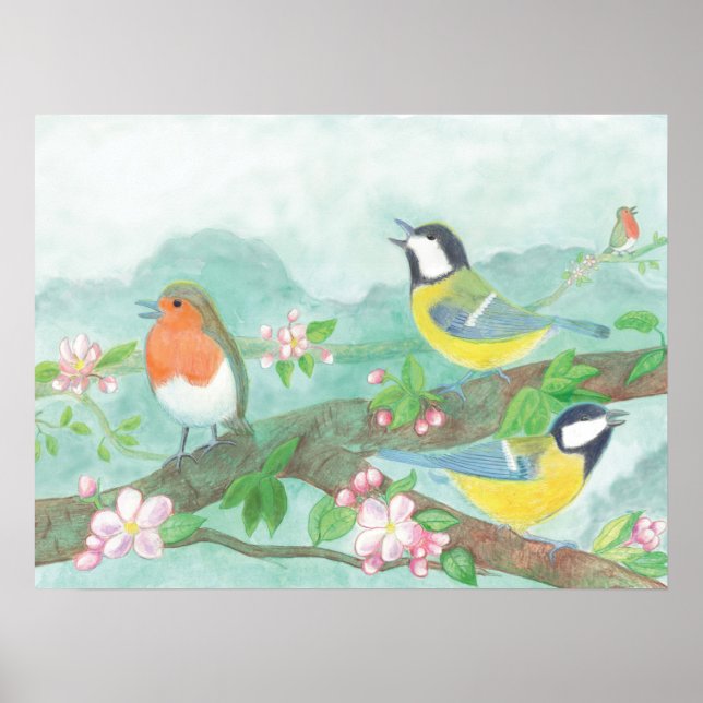 Affiche Oiseaux chantant sur une branche d'arbre en fleurs (Devant)