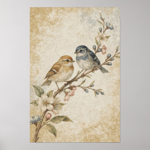 Affiche Oiseaux chanteurs sur une branche fleurie en ocre