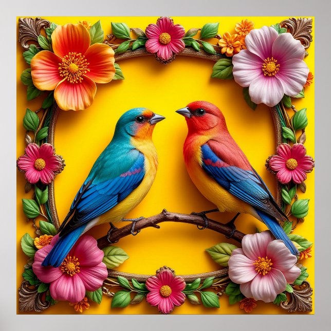 Affiche Oiseaux chanteurs vibrants entourés d'un cadre flo (Devant)