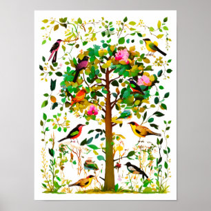 Affiche Oiseaux colorés dans un arbre en fleurs