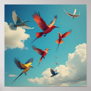 Affiche Oiseaux colorés dans un ciel bleu