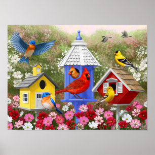 Affiche Oiseaux colorés et nichoirs à oiseaux dans un jard