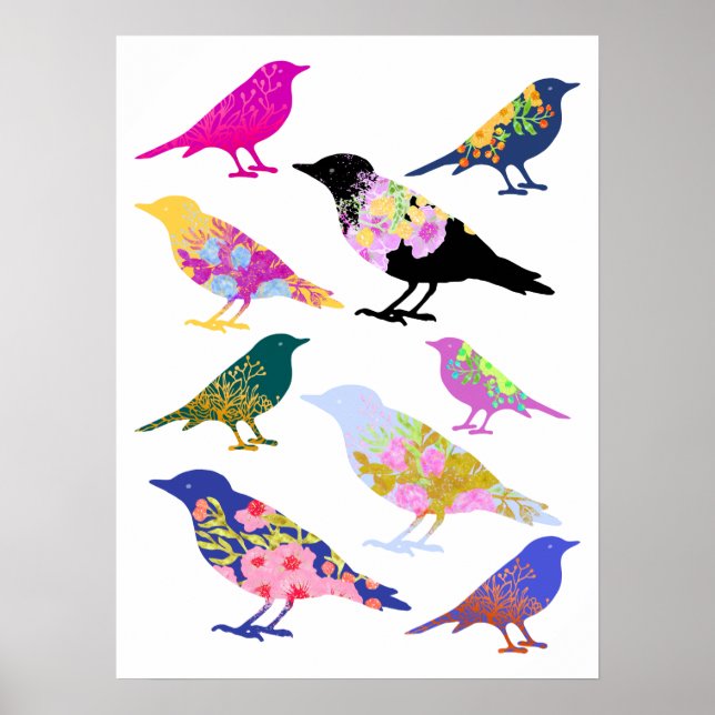 Affiche Oiseaux colorés Fleurs Feuille Chic Floral Animal (Devant)