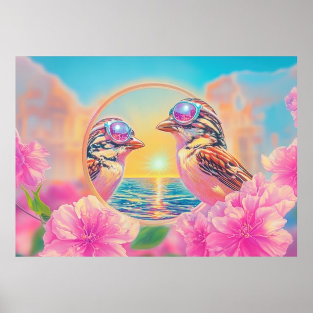 Affiche Oiseaux cool avec lunettes de soleil au coucher du (Devant)