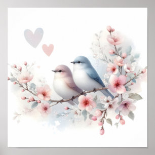 Affiche Oiseaux d'amour printaniers Fleur de cerisier Flor