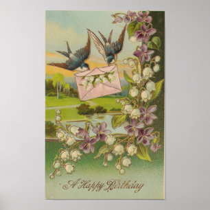 Affiche Oiseaux d'anniversaire vintages Fleurs violettes