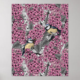 Affiche Oiseaux dans le jardin lilas rose