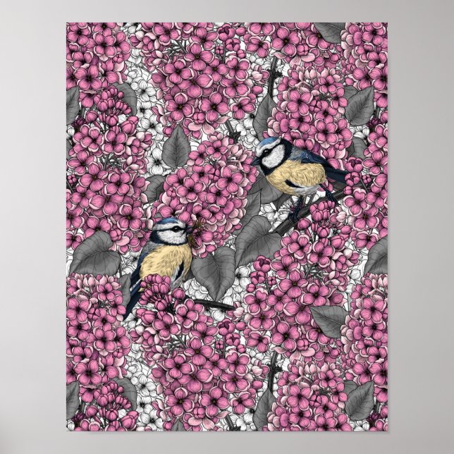 Affiche Oiseaux dans le jardin lilas rose (Devant)