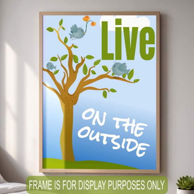 Affiche Oiseaux Dans Un Arbre Motivationnel (Fresh green leaves and bluebirds against the sky, a playful reminder to live beyond the ordinary.)