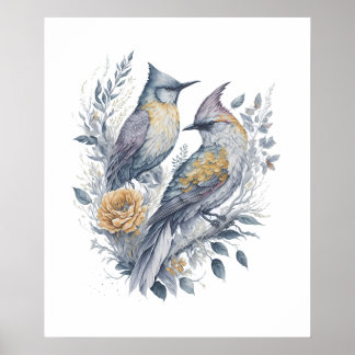 Affiche Oiseaux d'aquarelle sur la branche de fleurs