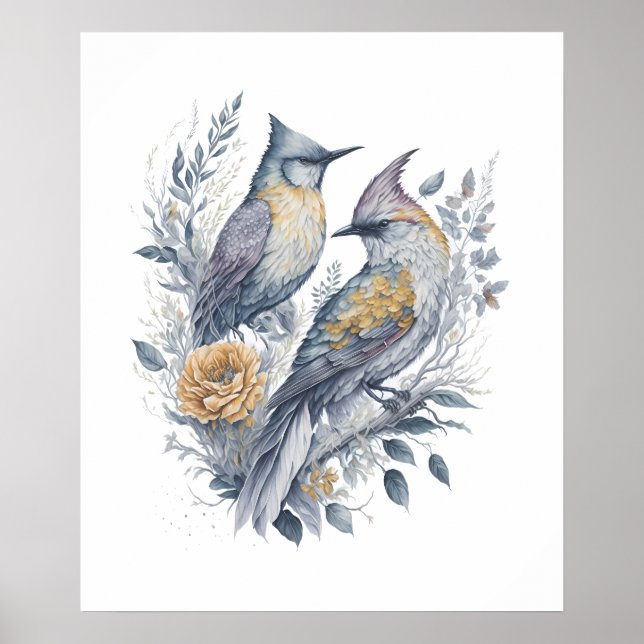 Affiche Oiseaux d'aquarelle sur la branche de fleurs (Devant)