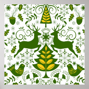 Affiche Oiseaux de cerfs en fleurs de Noël or