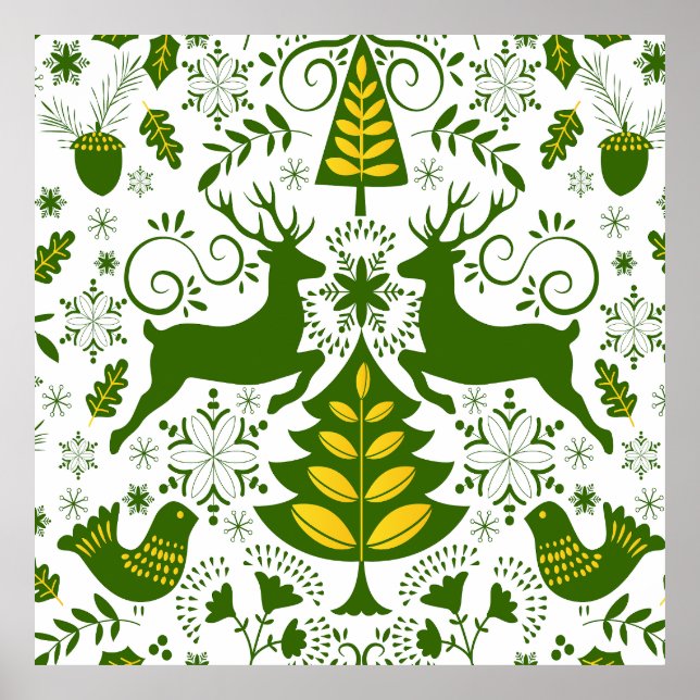 Affiche Oiseaux de cerfs en fleurs de Noël or (Devant)