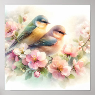 Affiche Oiseaux de l'amour doux pastel de printemps Fleurs