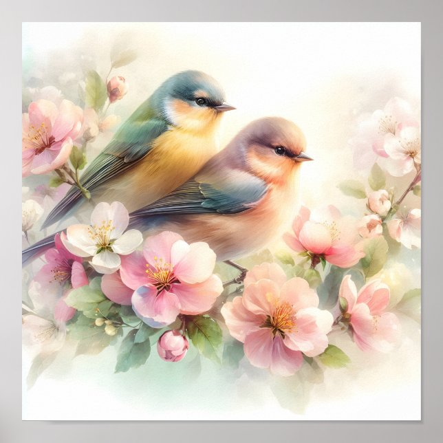 Affiche Oiseaux de l'amour doux pastel de printemps Fleurs (Devant)