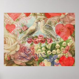 Affiche Oiseaux de l'amour Vintage Antique Cœur
