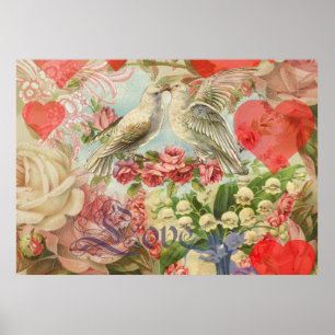 Affiche Oiseaux de l'amour Vintage Antique Cœur