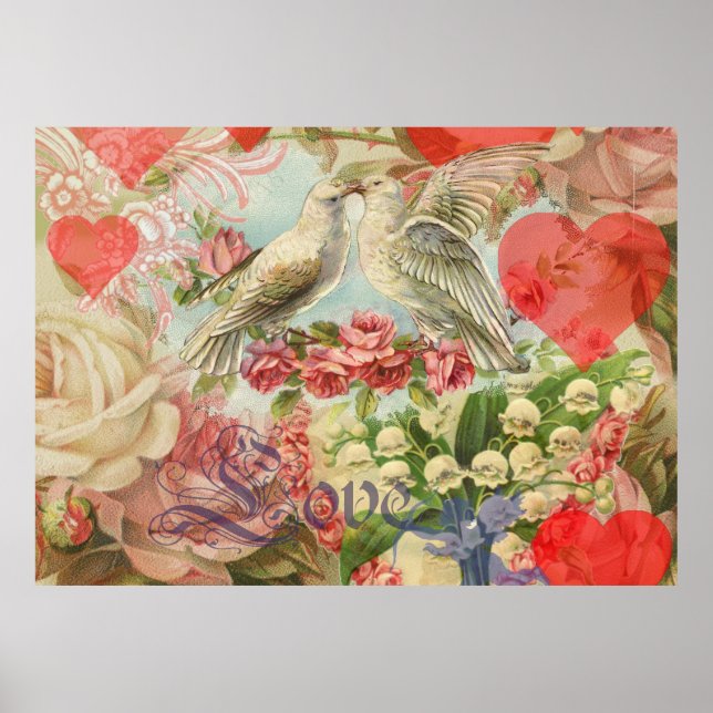 Affiche Oiseaux de l'amour Vintage Antique Cœur (Devant)