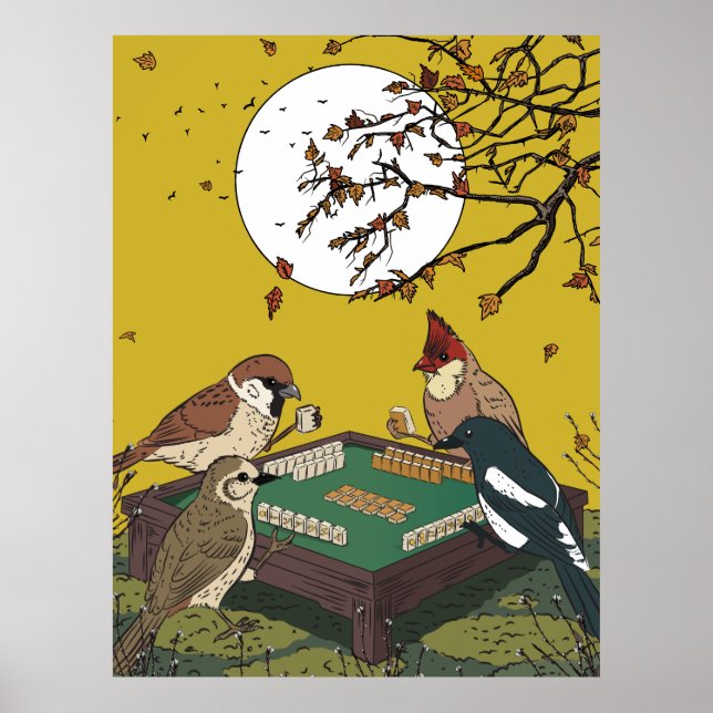 Affiche Oiseaux de Mahjong jouant au jeu  (Devant)