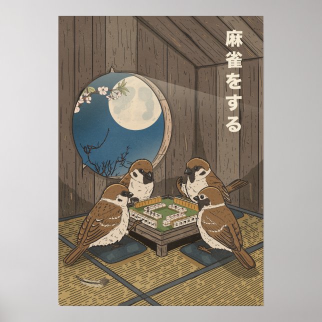 Affiche Oiseaux de Mahjong jouant au jeu  (Devant)