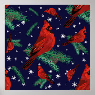 Affiche Oiseaux d'hiver - cardinaux sur branches de sapins