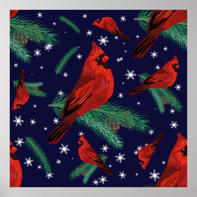 Affiche Oiseaux d'hiver - cardinaux sur branches de sapins (Devant)