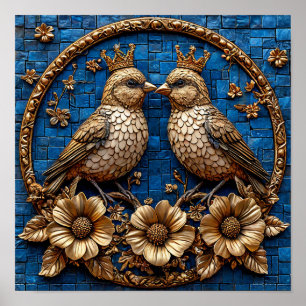 Affiche ✨ Oiseaux en mosaïque dorée Couronne royale Symétr