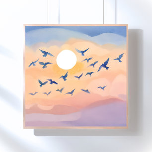 Affiche Oiseaux en vol Aquarelle de nature au coucher du