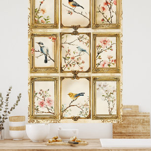 Affiche Oiseaux et branches fleuries (cerisier ou pêcher)
