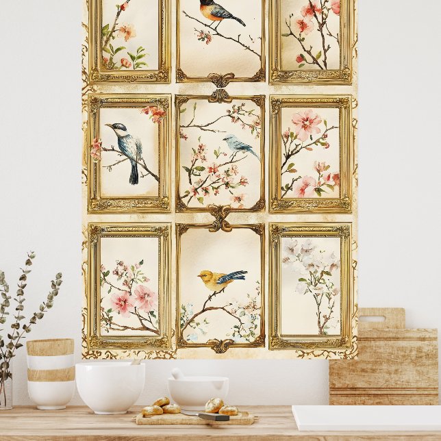Affiche Oiseaux et branches fleuries (cerisier ou pêcher) (Cuisine)
