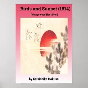 Affiche Oiseaux et coucher du soleil par Katsushika Hokusa