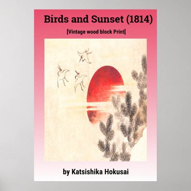 Affiche Oiseaux et coucher du soleil par Katsushika Hokusa (Devant)