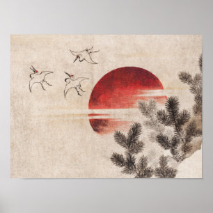 Affiche Oiseaux et couchers de soleil de Katsushika Hokusa